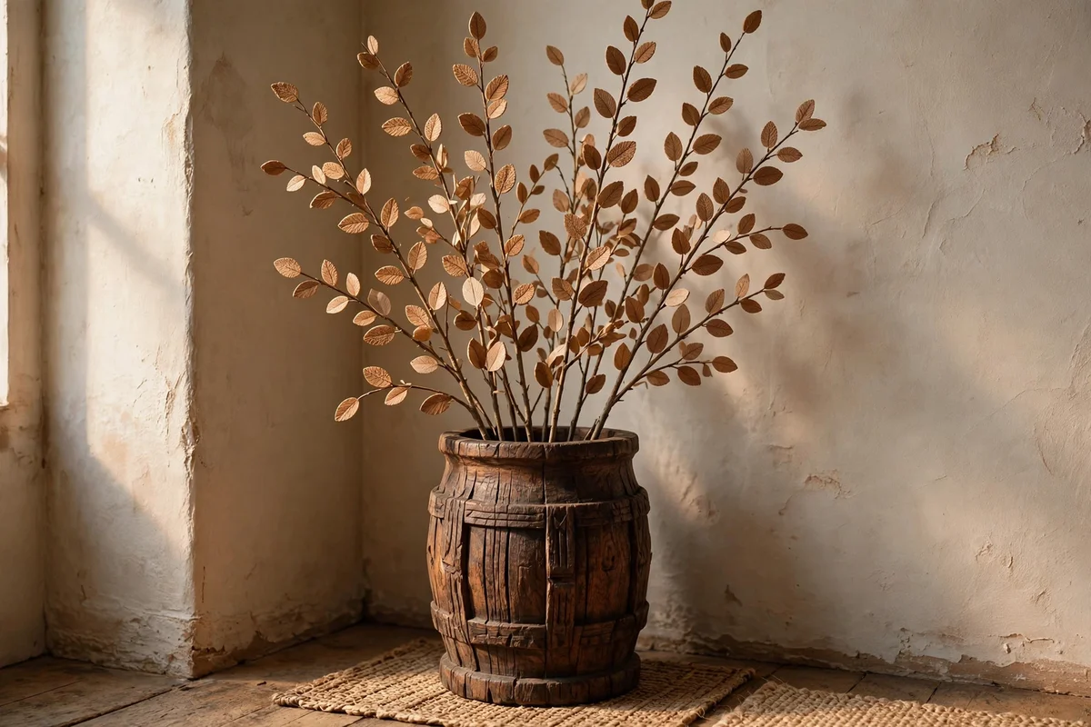Branches with wooden leaves in a wooden vase