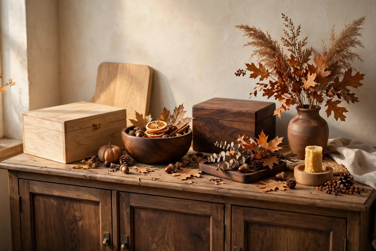 Mixed light oak and dark walnut autumn vignette