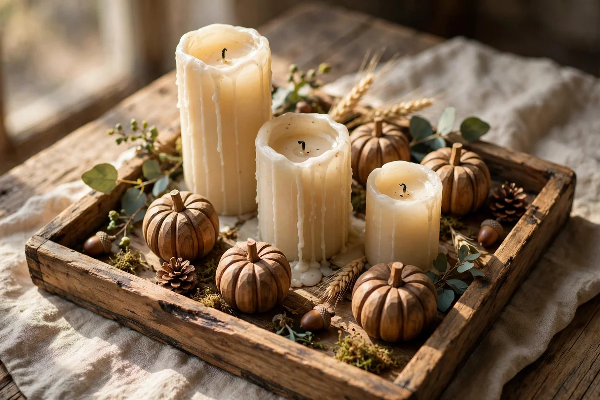 Wooden tray with candles and small pumpkins