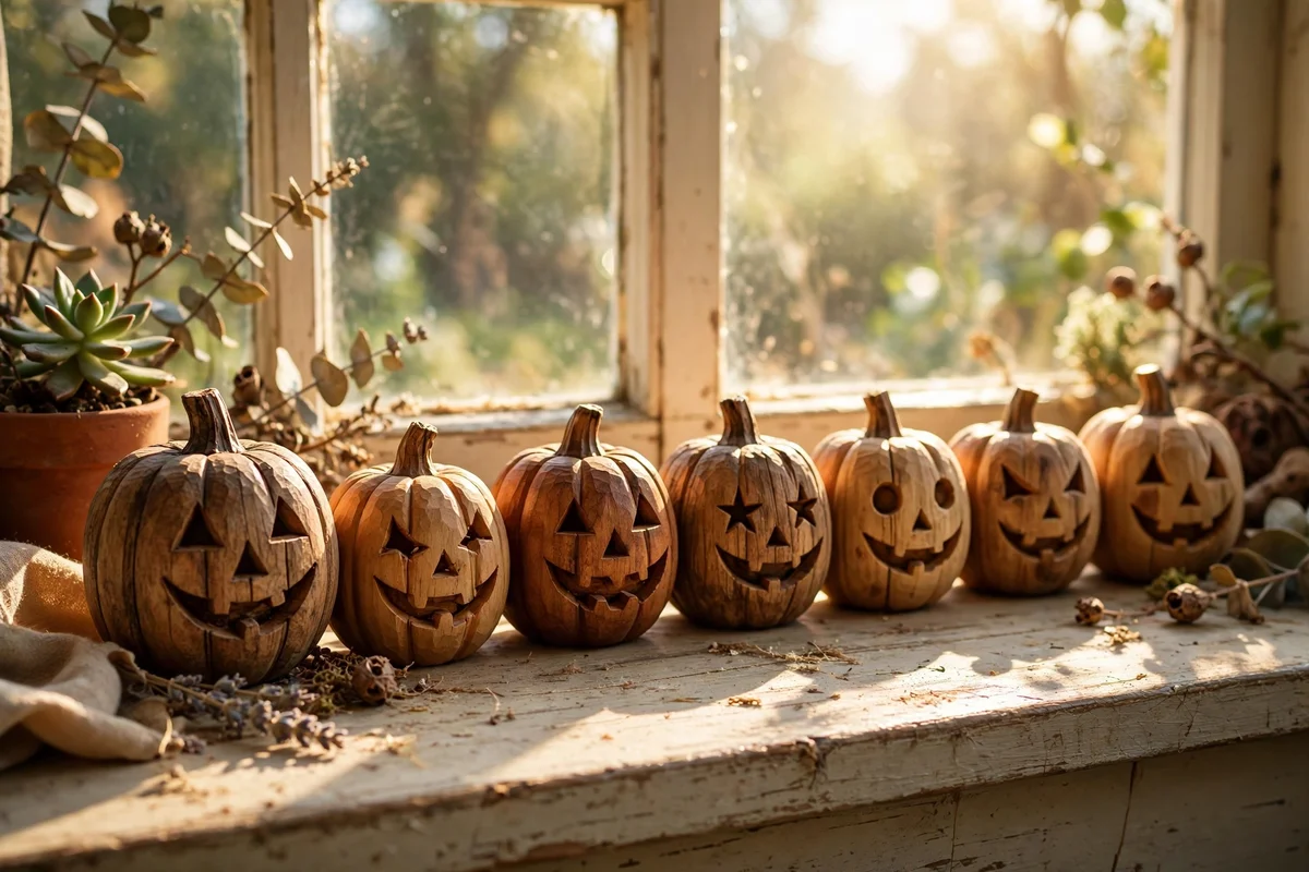 Carved wooden pumpkins on a windowsill