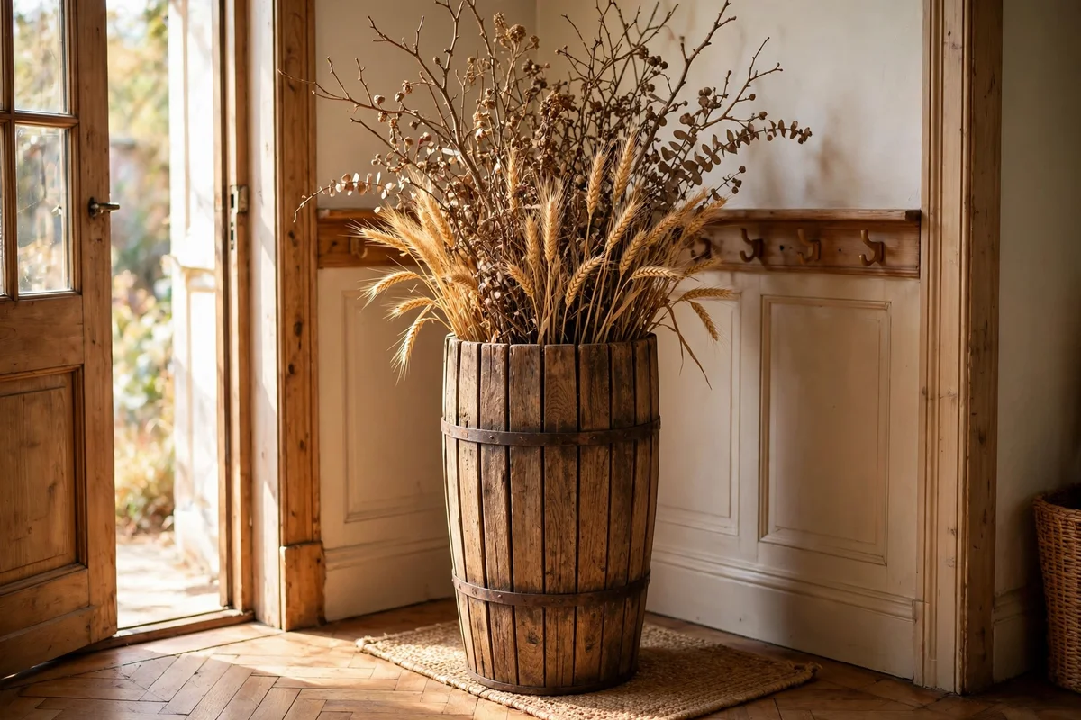 Wooden vessel with dried branches and wheat