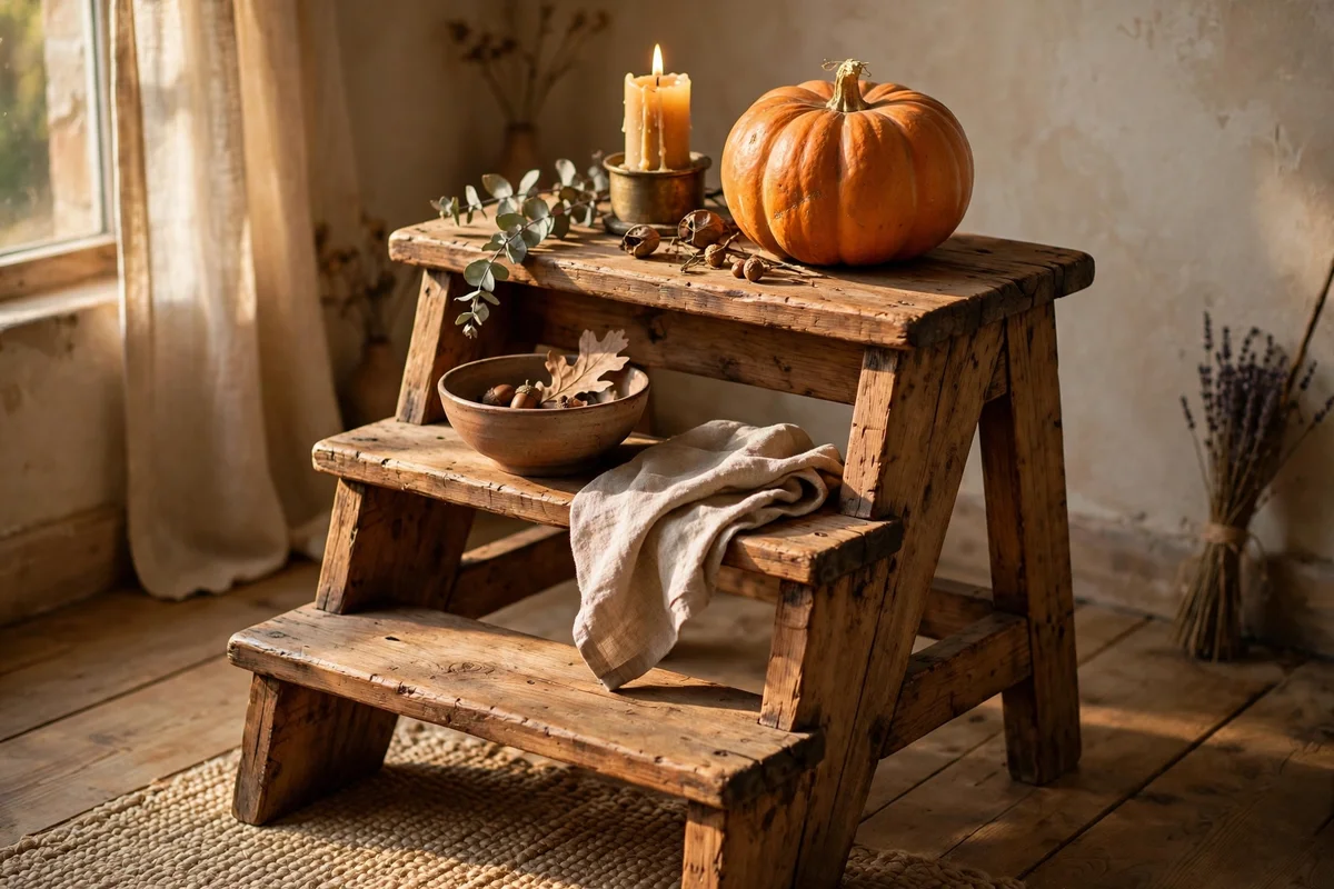 Wooden step stool as an autumn side table
