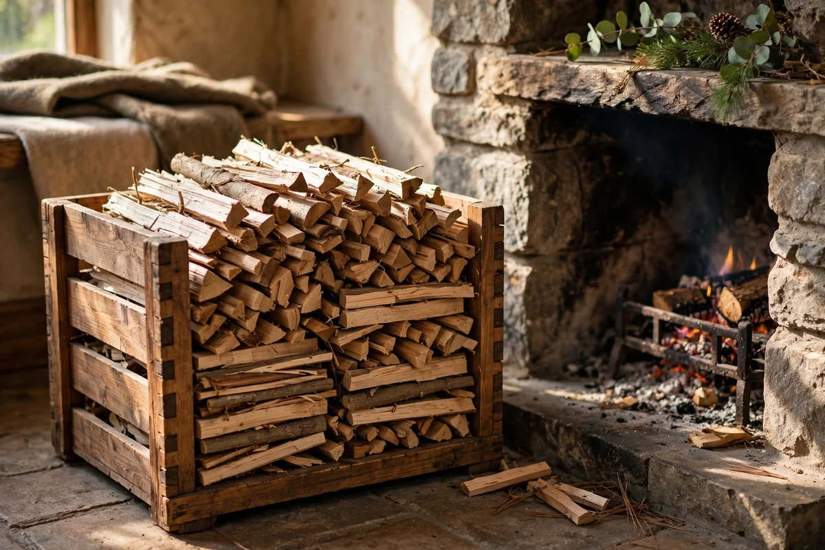 Wooden box of kindling by the fireplace