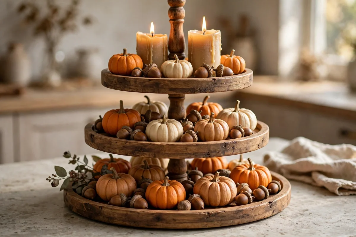Tiered tray with pumpkins and candles