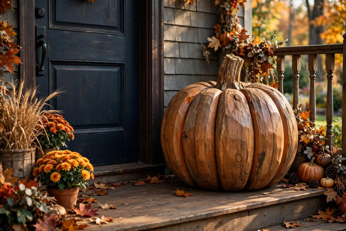Large wooden pumpkin on an autumn porch