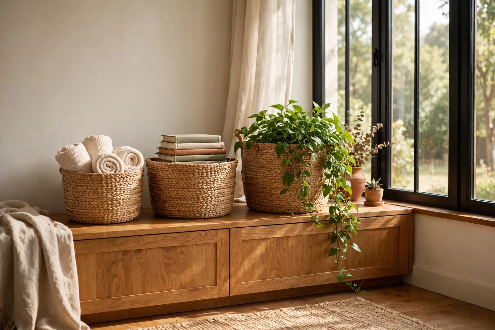 Woven seagrass baskets storing throws and everyday items in a calm sunlit living room