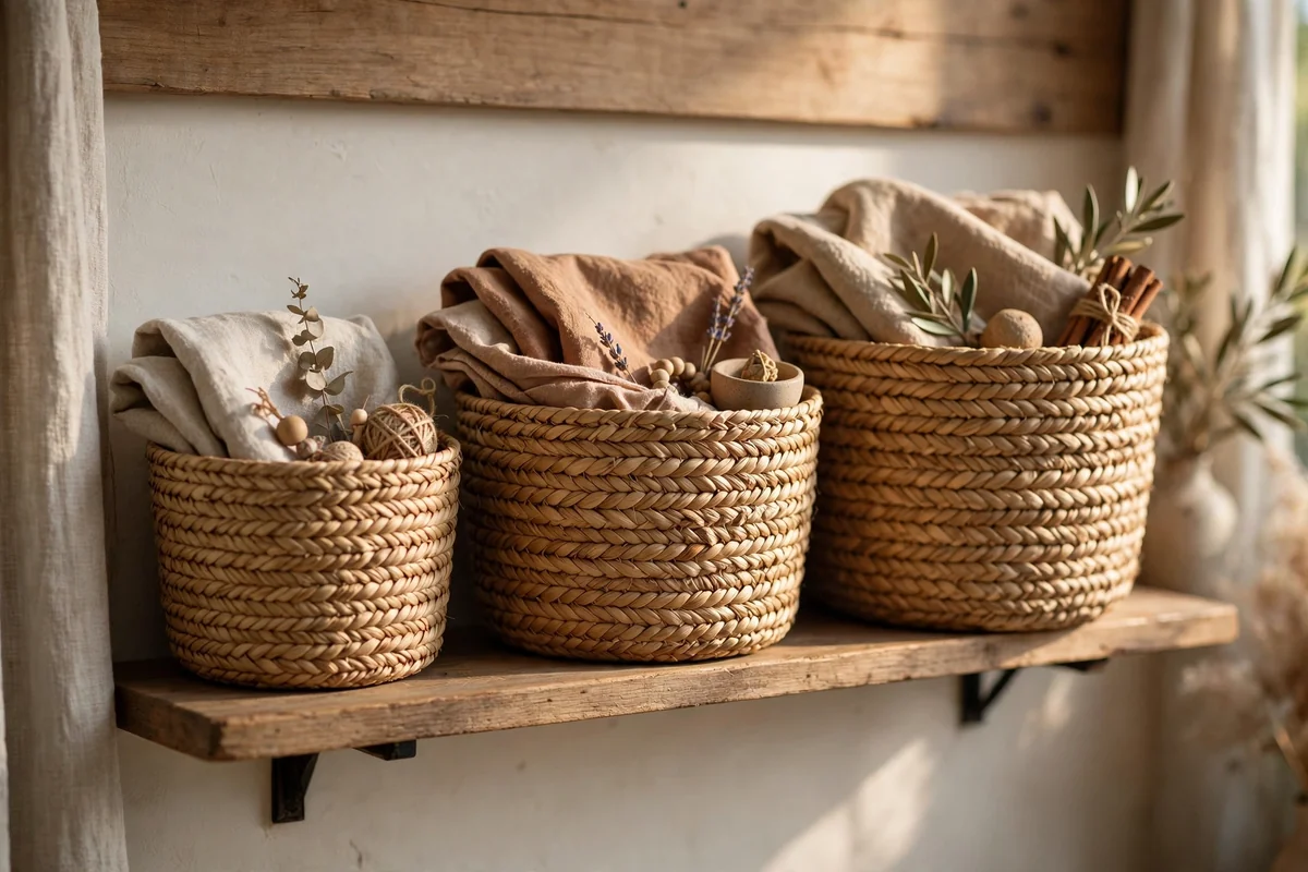Three matching seagrass baskets in graduated sizes lined along an open wooden shelf