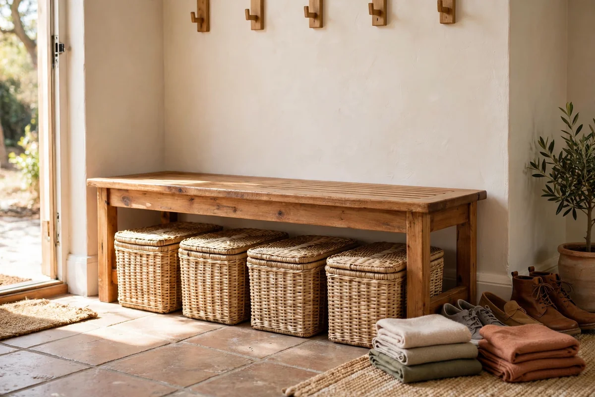 Low lidded woven baskets tucked in a neat row beneath a wooden entry bench