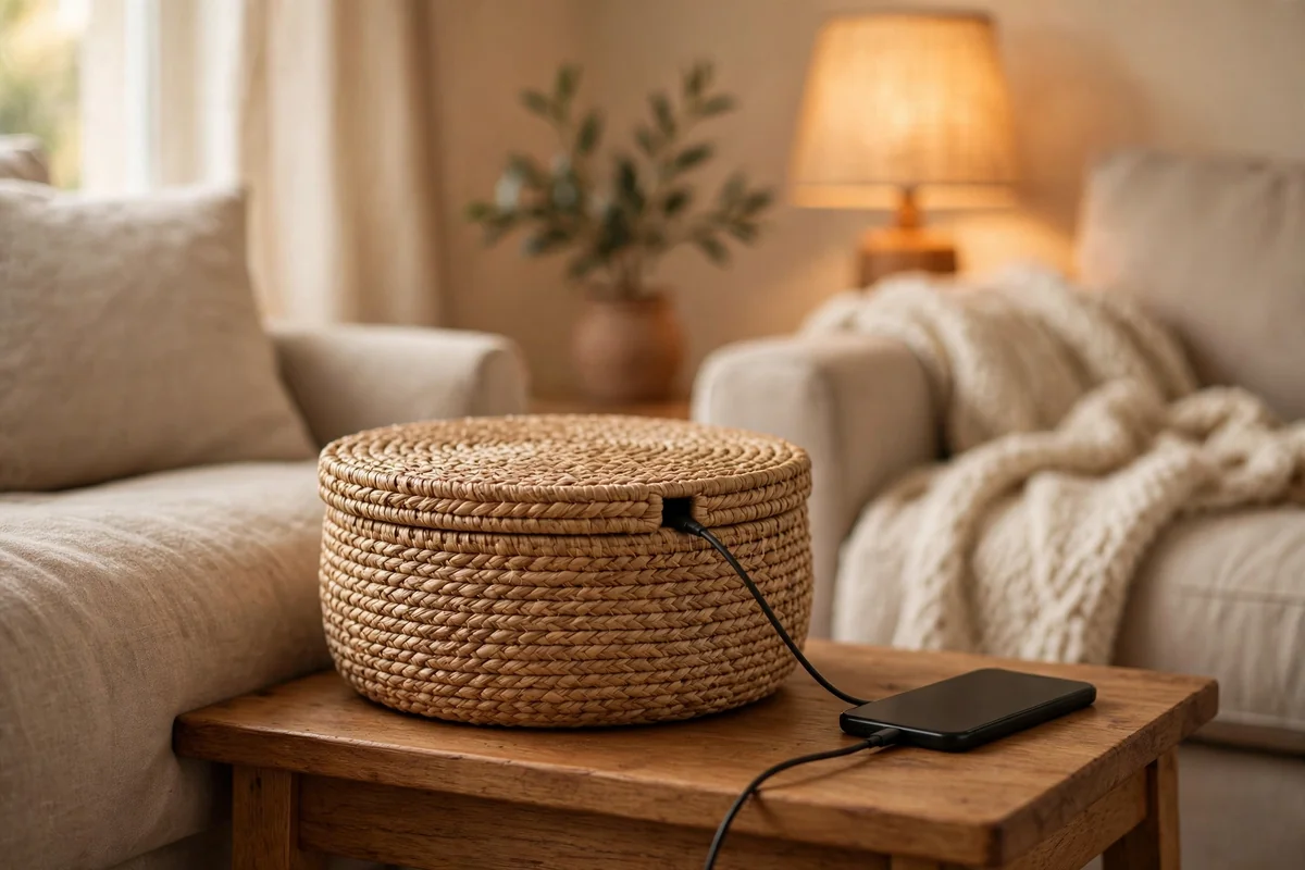 Round lidded woven basket on a side table holding remotes and phone chargers