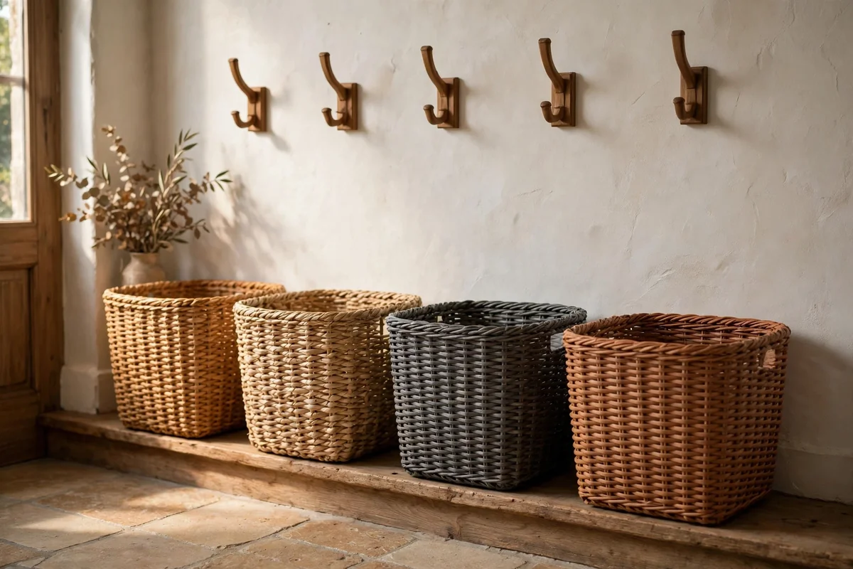 Row of woven baskets in subtly different tones lined along an entry wall