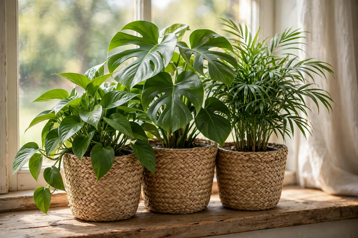 Leafy houseplants in woven seagrass cache pots grouped on a sunny windowsill