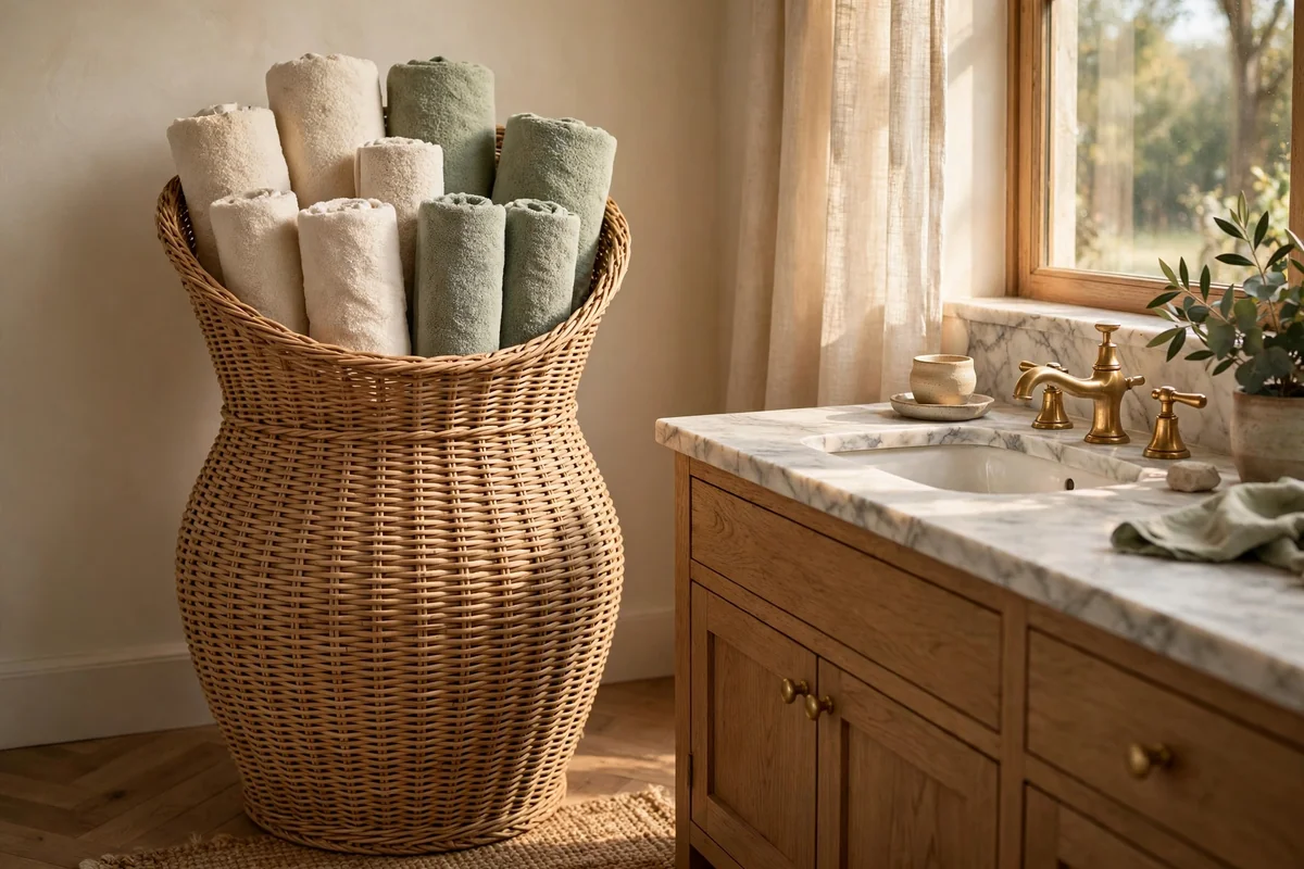 Tall woven belly basket filled with rolled cream towels beside a bathroom vanity