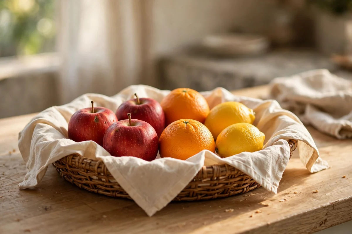 Shallow woven basket lined with cotton cloth holding apples and citrus on a kitchen counter