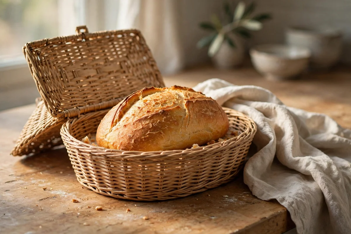 Lidded woven bread basket with a loaf inside on a warm kitchen counter