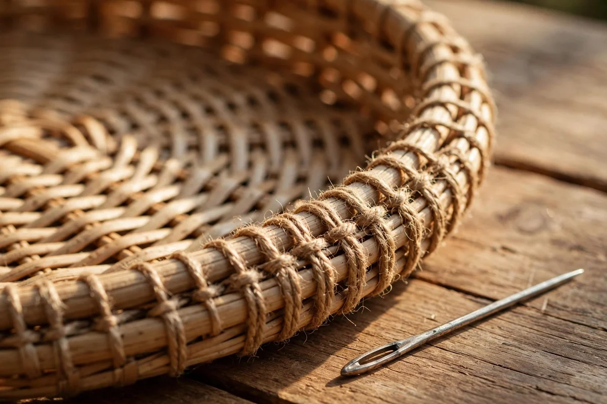 Woven basket rim finished with a neat twine whipstitch repair, close view