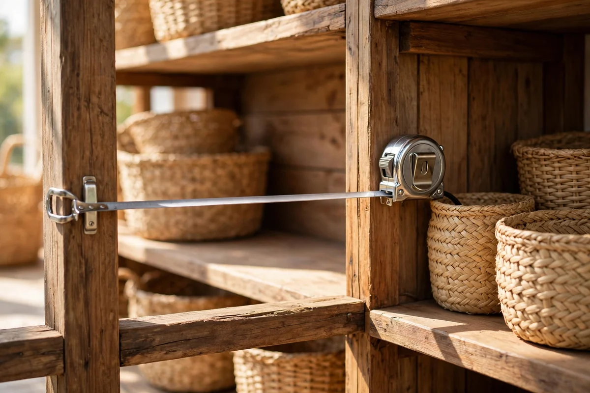 Tape measure held across an open shelf gap beside woven baskets