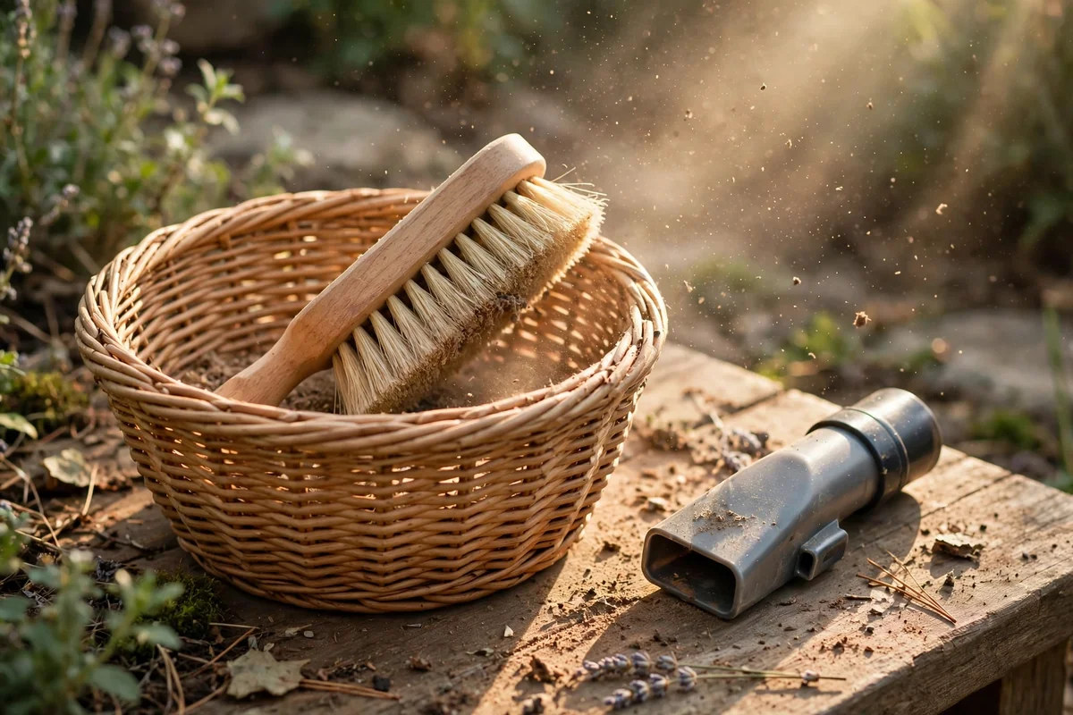 Soft brush and vacuum nozzle cleaning a woven basket in warm daylight