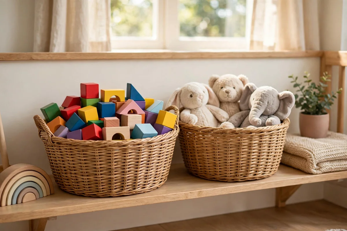 Two woven baskets of blocks and soft toys on a low nursery shelf