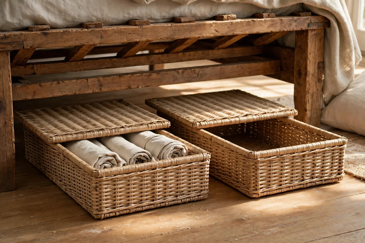 Long flat woven baskets holding rolled linen slid beneath a bed