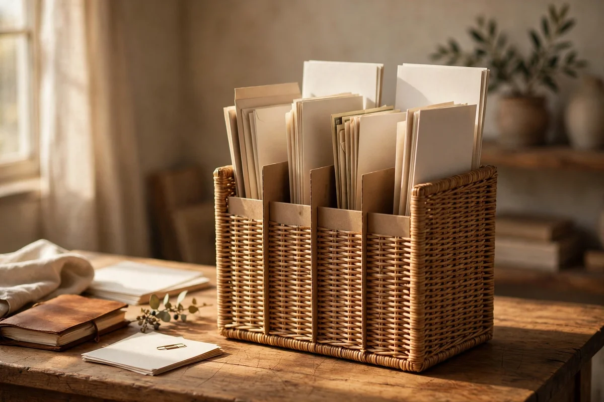 Tall square woven basket with upright paper dividers beside a wooden desk