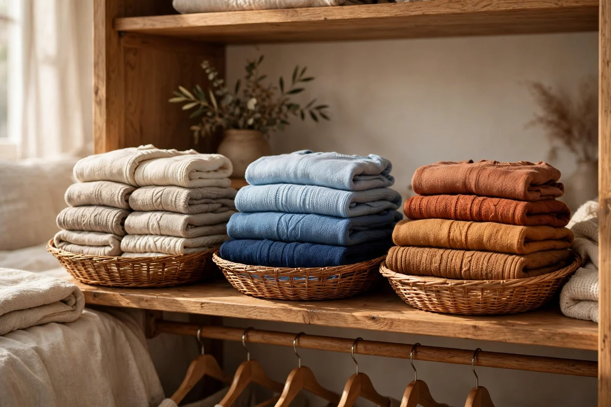 Shallow woven baskets of neatly file-folded sweaters on a wardrobe shelf