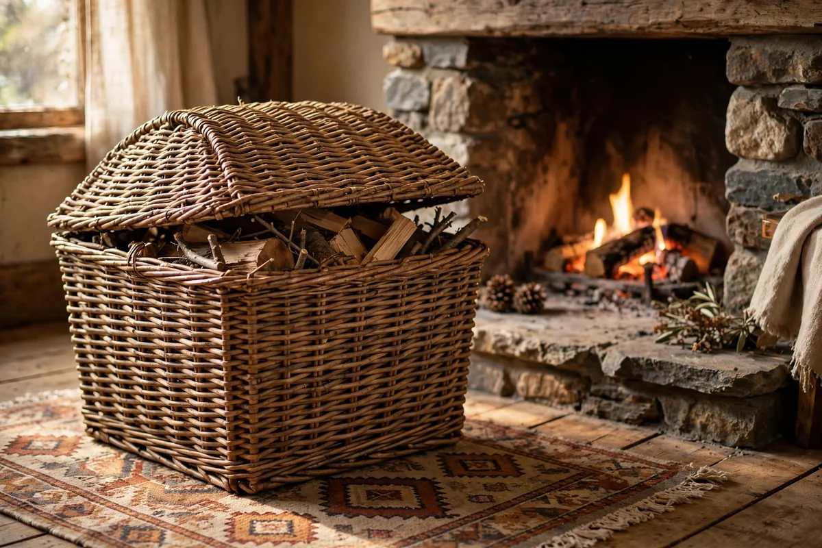 Lidded woven willow basket of logs and kindling beside a stone fireplace