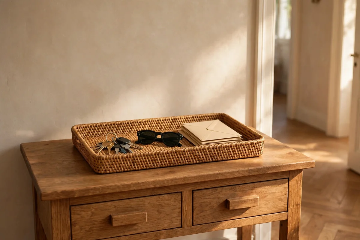 Long woven tray basket for keys and post centred on a wooden console table