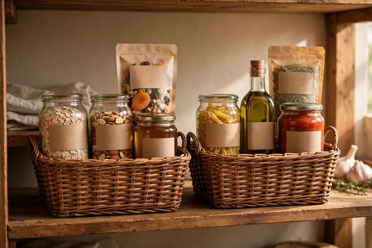 Two woven baskets of upright pantry packets sorted by mealtime on a shelf