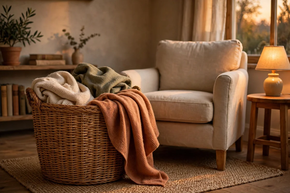 Woven basket of folded throws with one draped over the rim beside a reading chair
