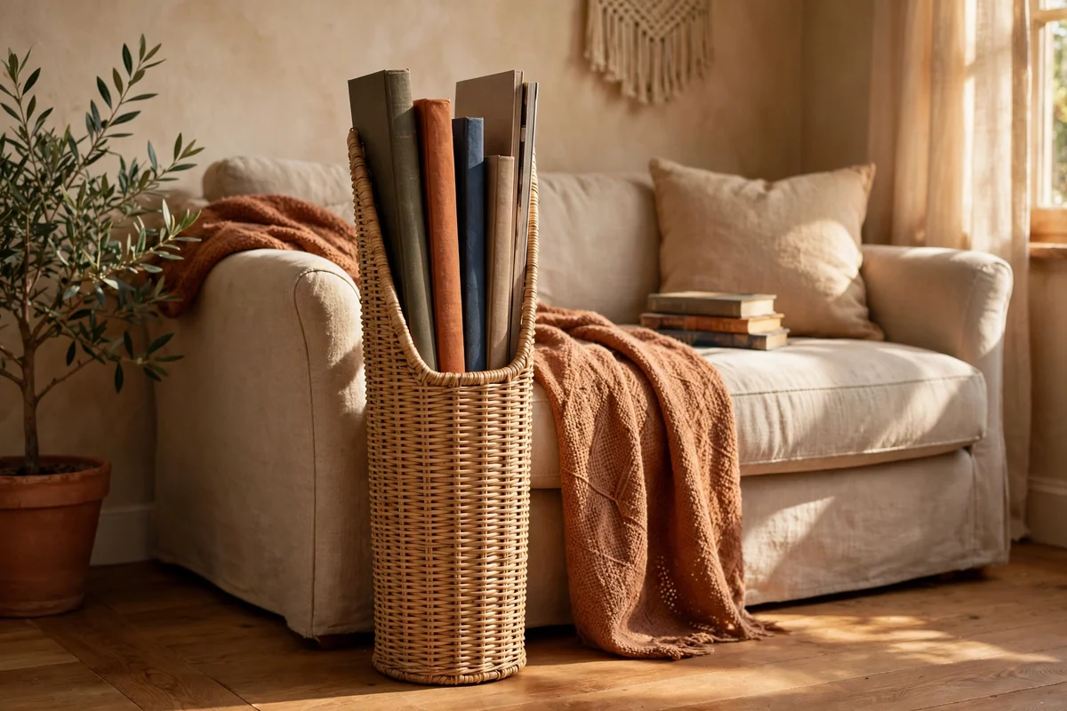 Slim tall woven basket of upright magazines and books beside a sofa