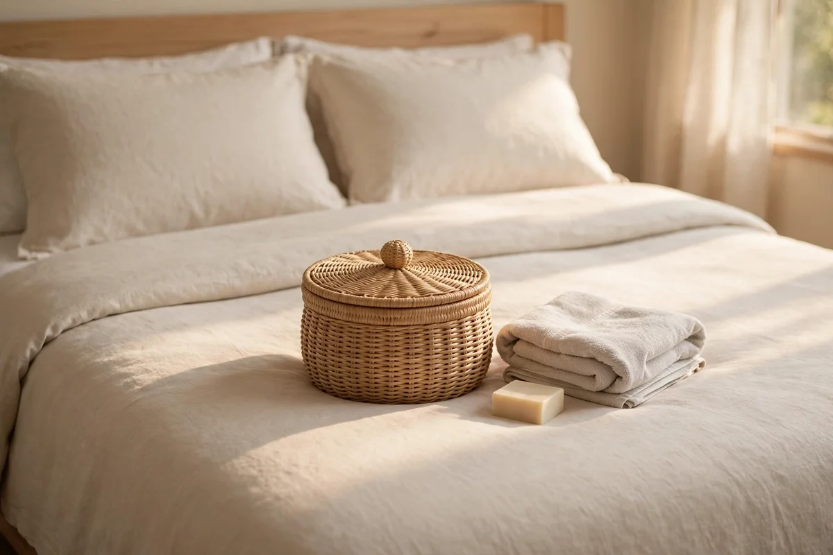 Small lidded woven basket of guest basics centred on a made guest bed