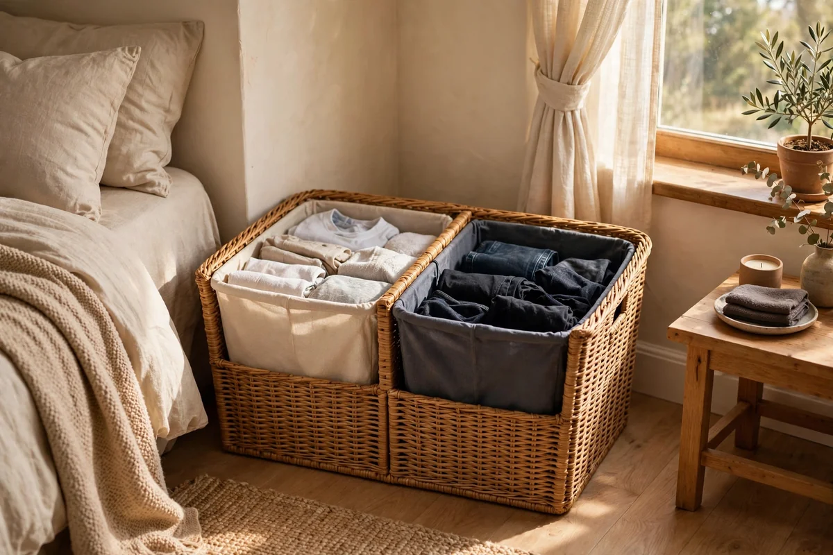 Two-compartment woven laundry sorter basket in a bedroom corner
