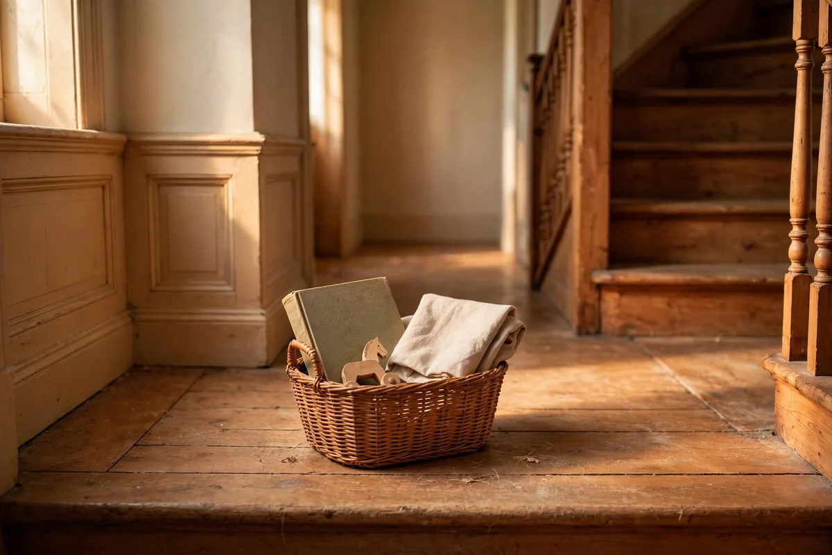 Small handled woven basket collecting stray items on a stair landing